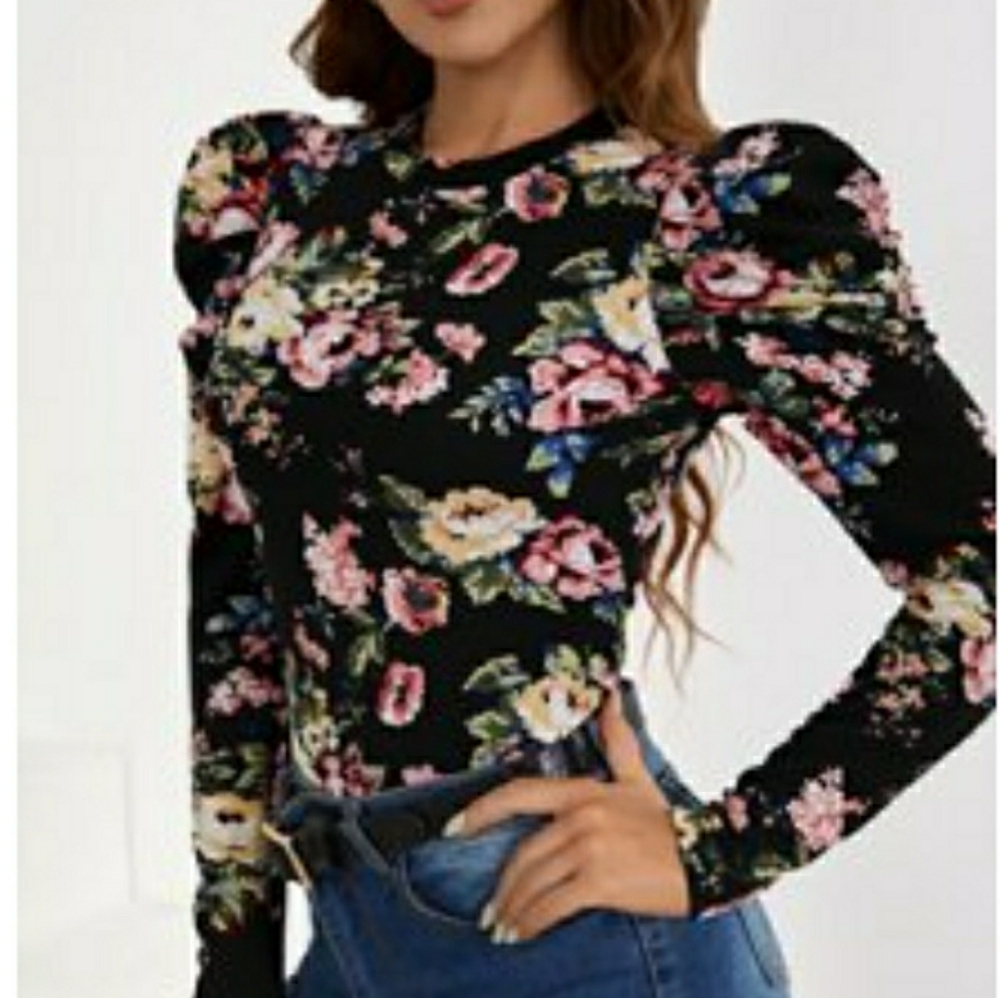 SHEIN Women's Navy Floral Puff Sleeve Blouse